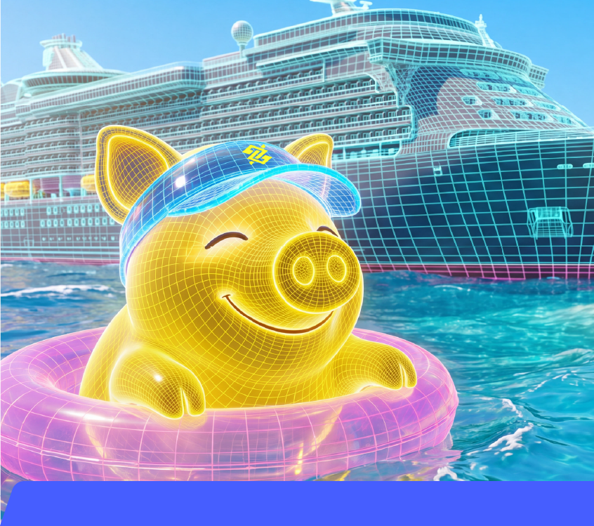 Mascote Cofrinho BB boiando de frente pro navio de cruzeiro